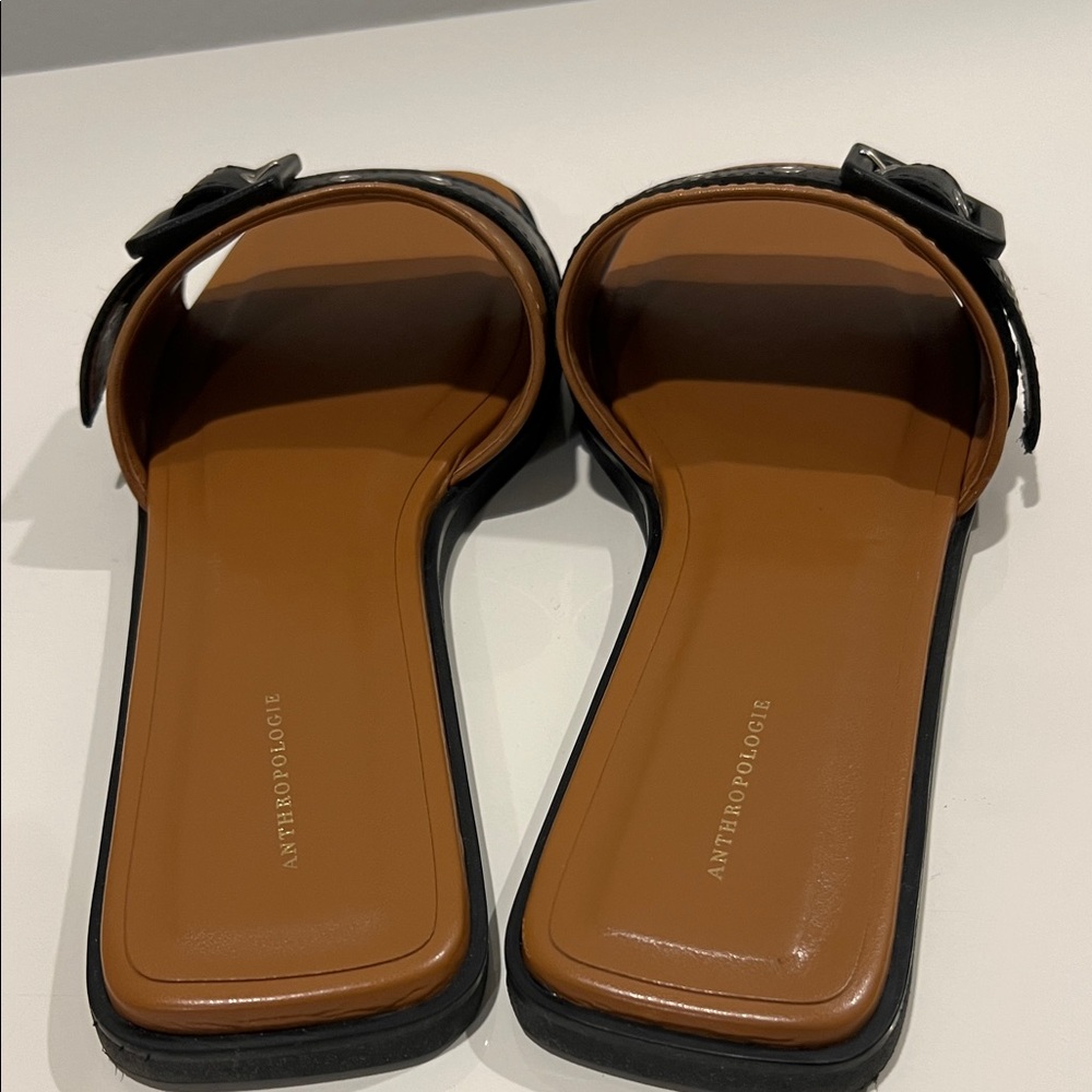 NEW Anthropologie Women’s Leather Tan and Black Buckle Slide Sandals size US 8.5 - Picture 5 of 8